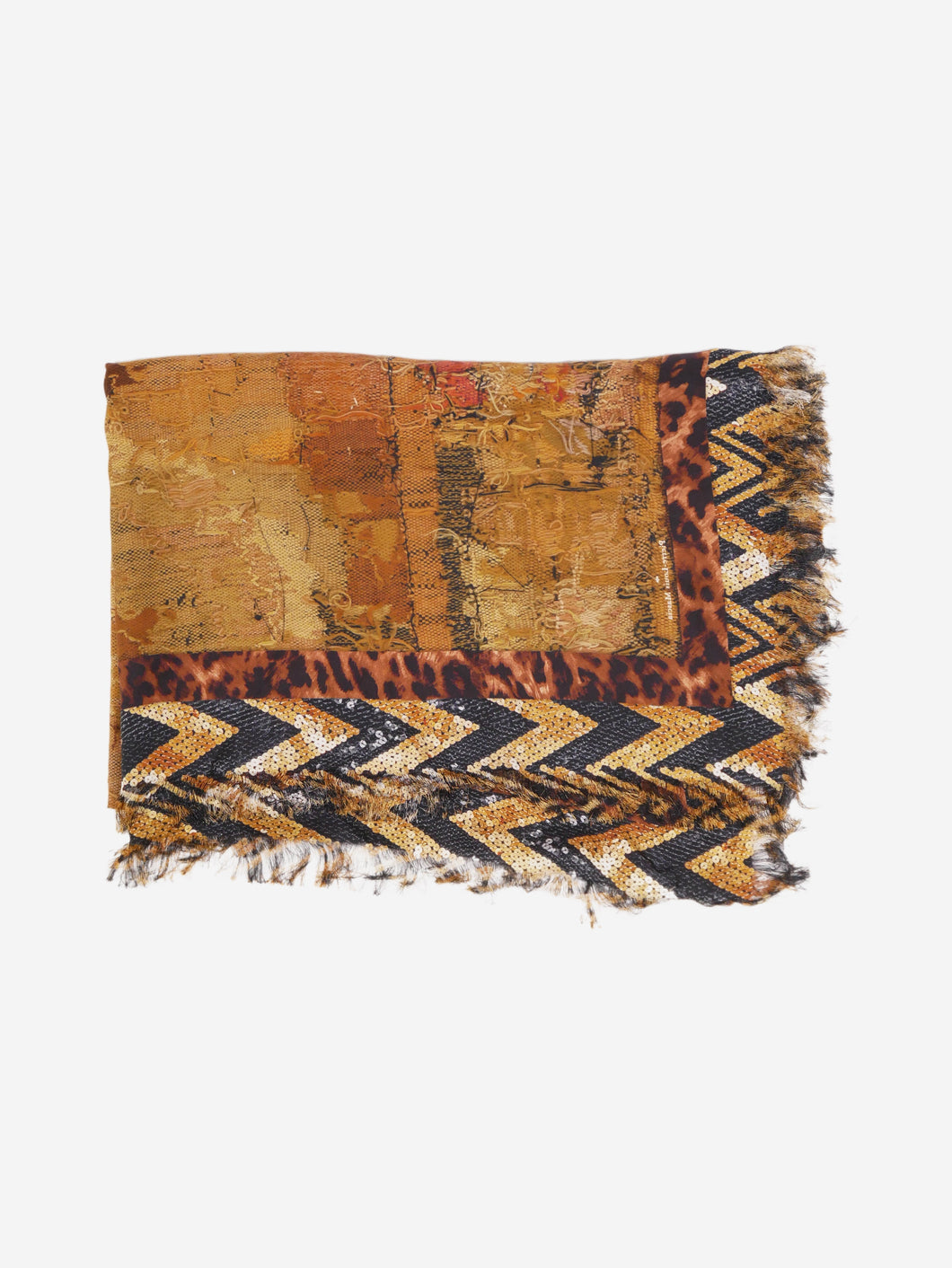 Brown multi print frayed edge silk scarf Hats, Scarves and Gloves Pierre-Louis Mascia 
