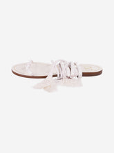 Load image into Gallery viewer, White Rockstud strappy sandals with feather trim - size EU 38.5 Flat Sandals Valentino 
