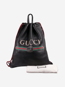 Gucci Black leather logo-print drawstring bag