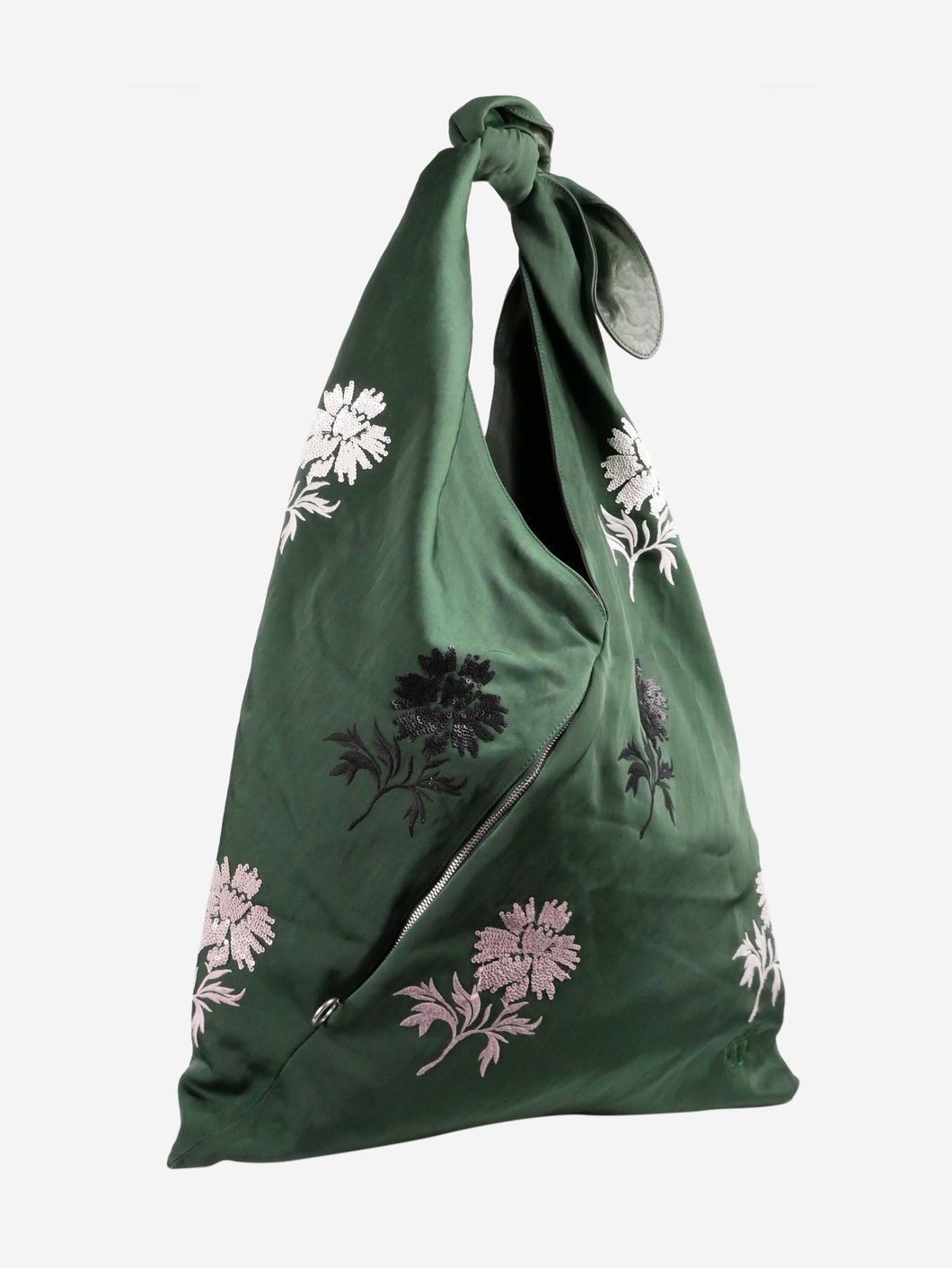Green floral sequin and embroidered shoulder bag with knot handle