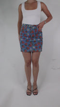 Load and play video in Gallery viewer, Blue denim strawberry print mini skirt - size IT 40
