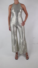 Load and play video in Gallery viewer, Silver sleeveless metallic jumpsuit - size UK 10
