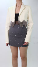 Load and play video in Gallery viewer, Cream crystal-fringed cropped blazer - size US 6
