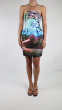 Load and play video in Gallery viewer, Multicoloured landscape printed bustier dress - size UK 8
