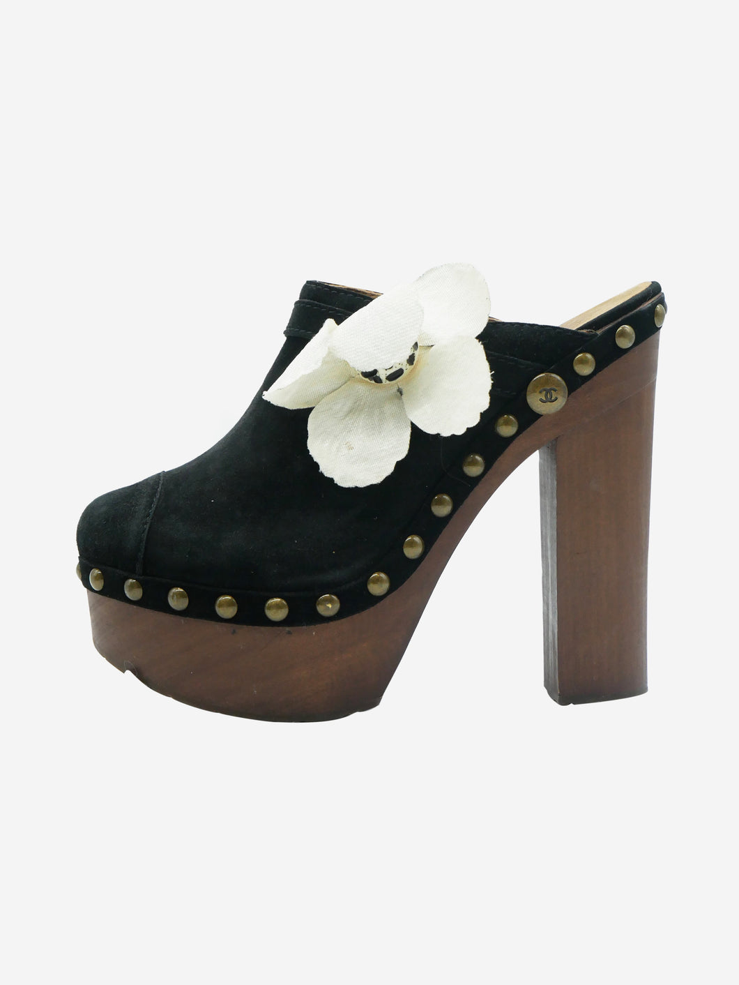 Black suede clog heels with floral embellishment - size EU 39 Heels Chanel 