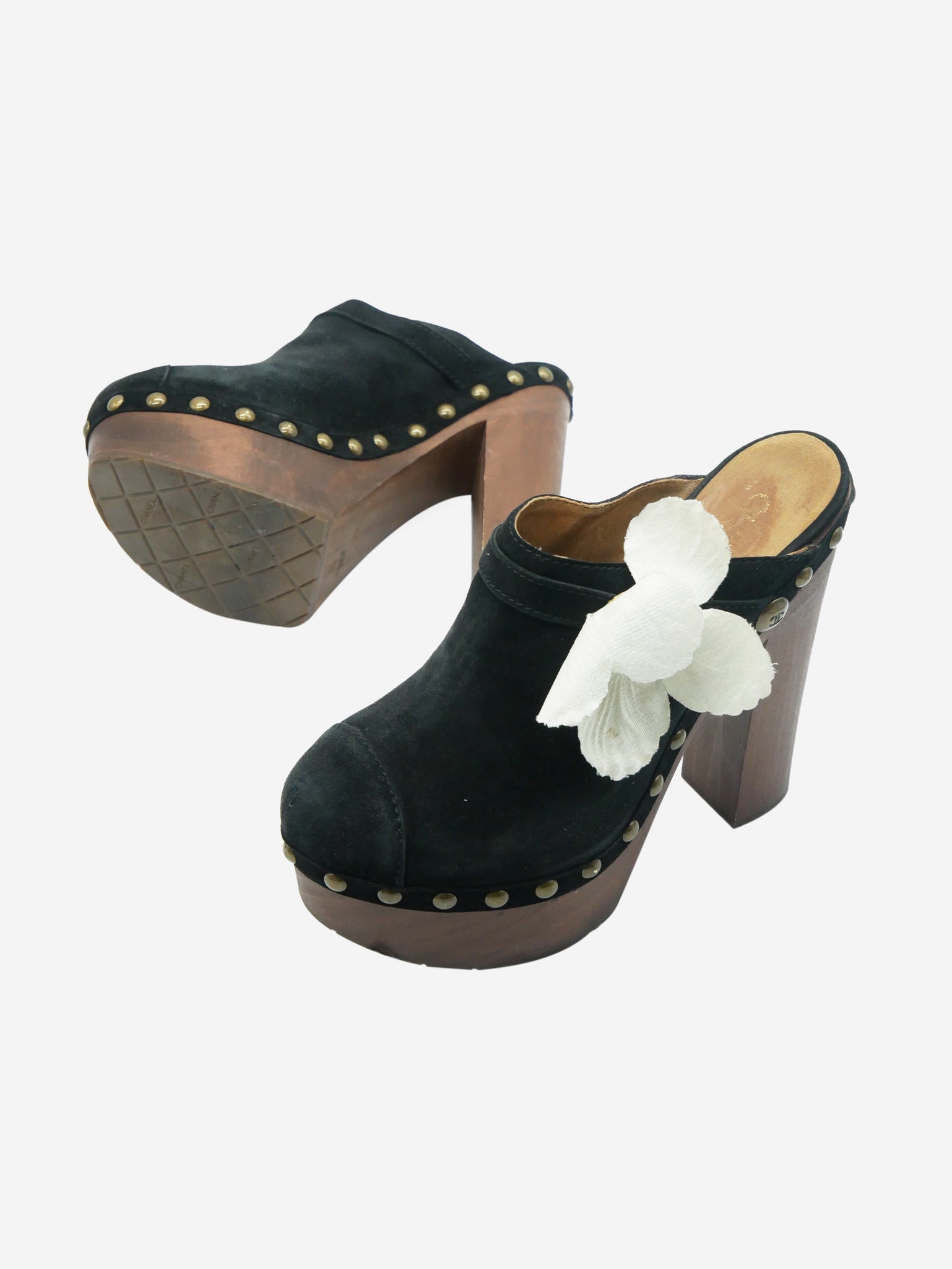 Black suede clog heels with floral embellishment - size EU 39