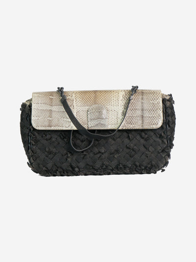Black weave handbag with chain strap and snake print flap Top Handle Bags Bottega Veneta 